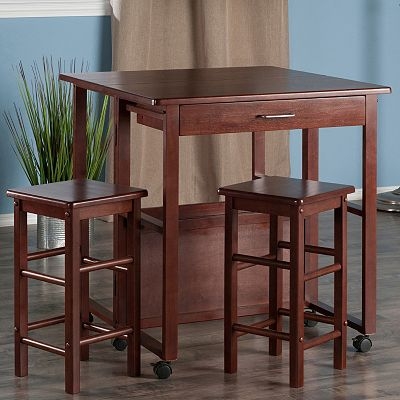 Bar Table Set, Mobile Space Saver with Utility Drawer, Dark Walnut Finish