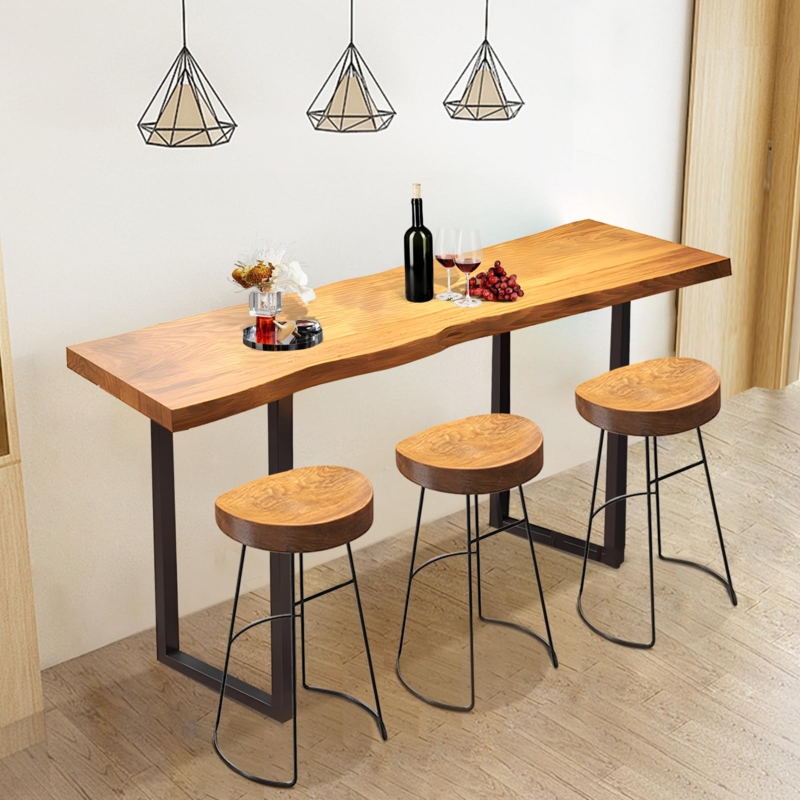 Bar Table Set Narrow Live Edge Wood Wire Base Stools