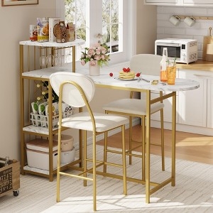 Bar Table Set Oval Tabletop Gold Toned Metal Stemware Rack Shelving