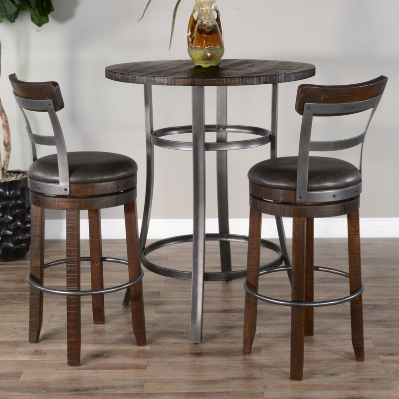 Bar Table Set: Round Planked Wood Top, Rustic Industrial Gunmetal.
