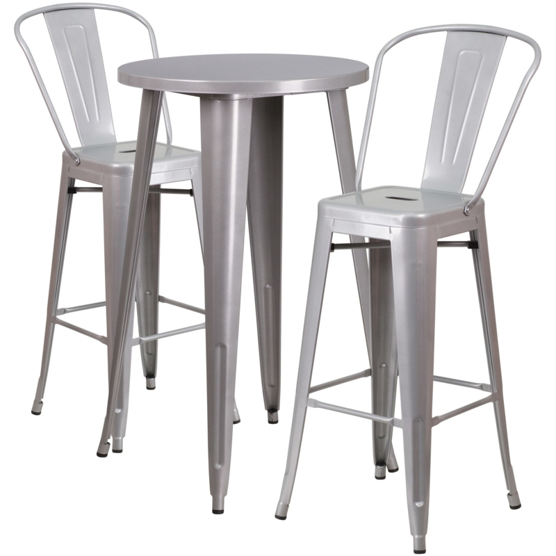 Bar Table Set: Silver Metal Industrial Bistro Style with Tripod Base