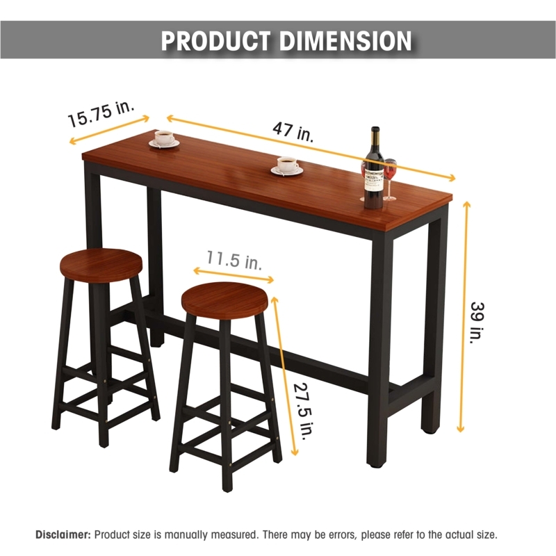 Bar Table Set Slim Depth Integrated Footrests Matte Black Brown Industrial