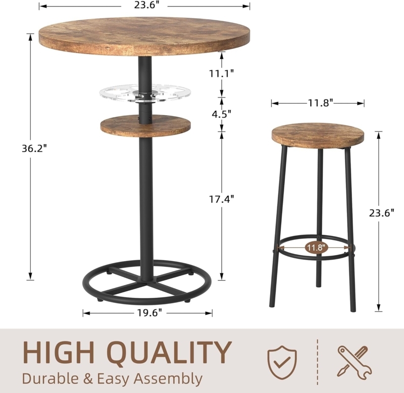 Bar Table Set Small Space Two Tier Stemware Rack Rustic Brown Circular
