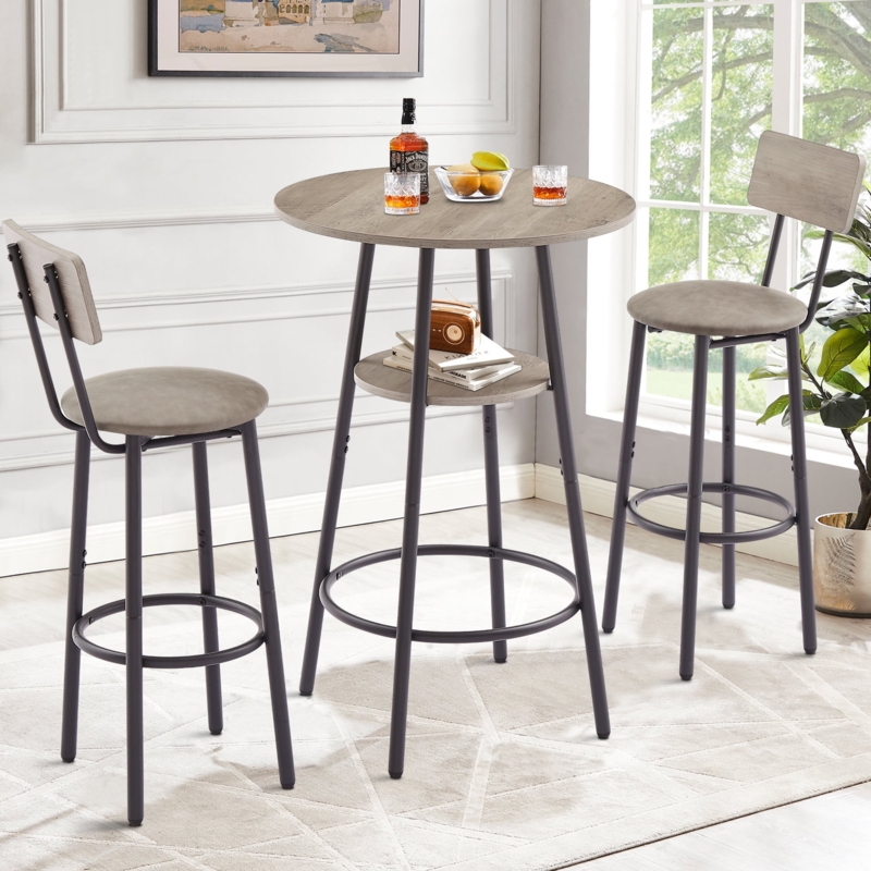Bar Table Set Storage Shelf Weathered Grey Wood Matte Black Round