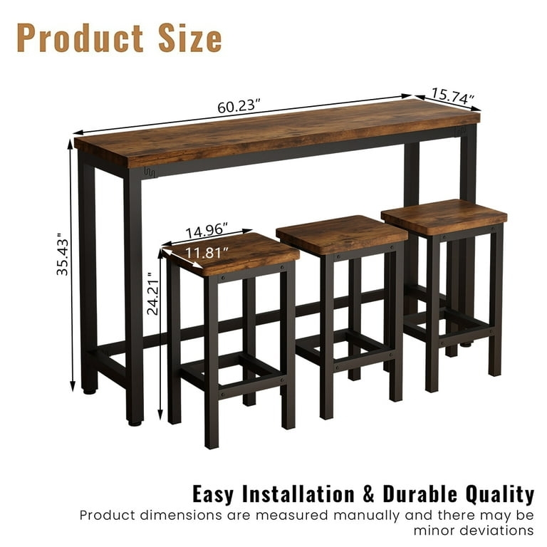 Bar Table Set Three Person 60 Inch Rustic Brown Black Metal Frame