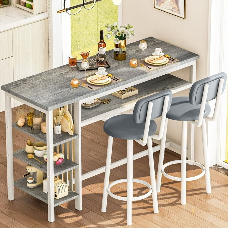 Bar Table Set White Metal Frame with Four Tier Storage