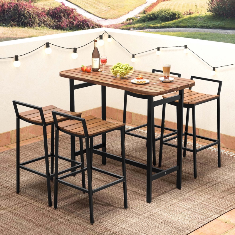 Bar Table Set with Acacia Wood Slats, Black Metal Frame, Industrial Style