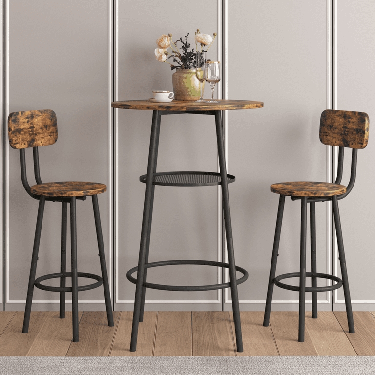 Bar Table Set with Perforated Shelf Distressed Wood Grain Finish