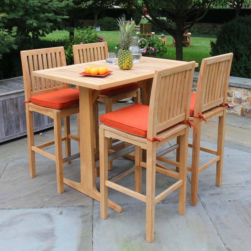 Bar Table Set with Trestle Base, Slatted Wood and Orange Accent Cushions