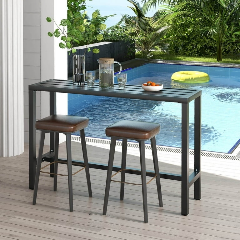 Bar Table Slatted Metal Top Matte Black Slim Outdoor Set