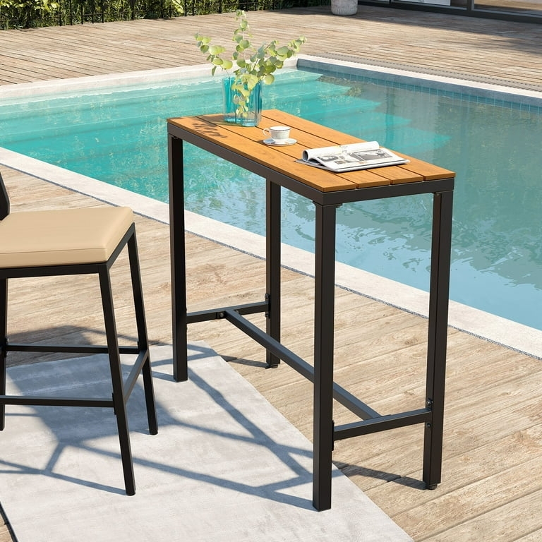 Bar Table Slatted Wood Top Black Metal Poolside High Top