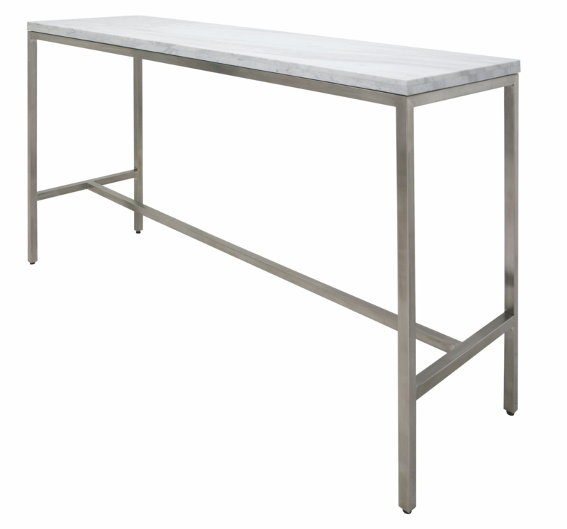 Bar Table: Slim Brushed Metal Frame with White Stone-Like Top