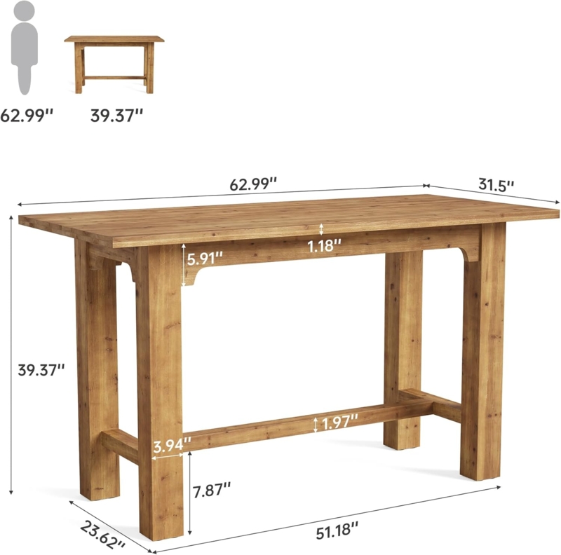 Bar Table Solid Wood Honey Brown Chunky Legs 63 Inch Length Rustic