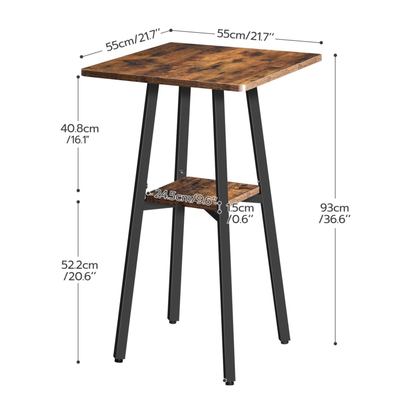 Bar Table Two Tier Square Top Rustic Brown Metal Frame Compact Size