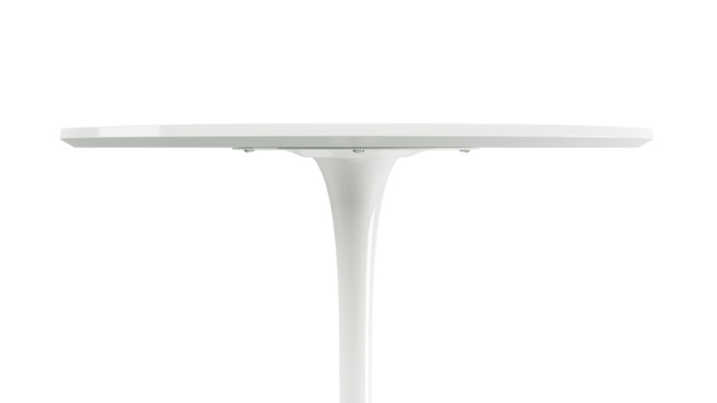 Bar Table White Tulip Pedestal Base Wood Toned Top Beveled Edge