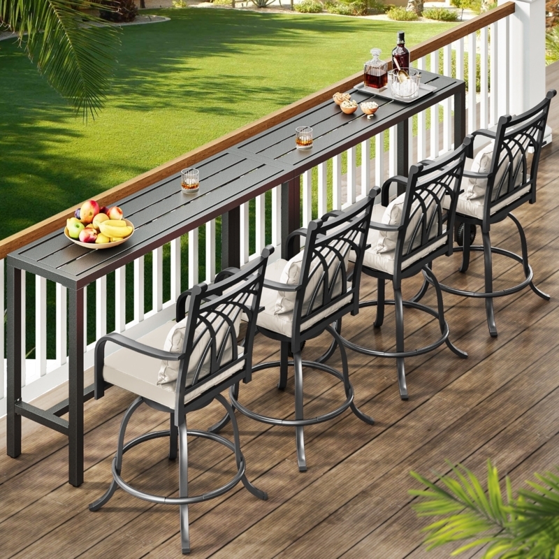 Bar Table with Built-in Wheels, Slatted Top and Matte Black Finish