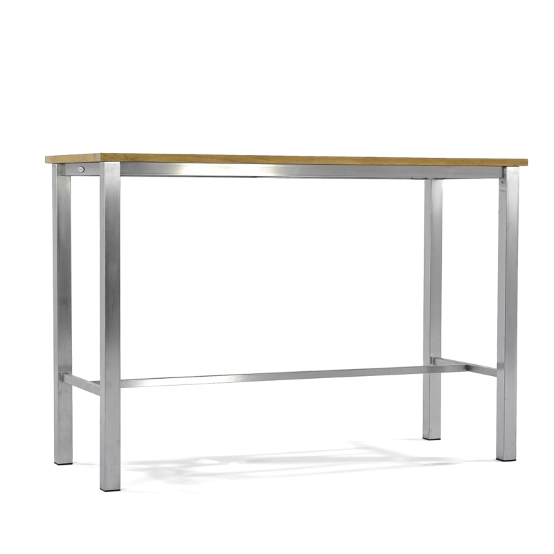 Bar Table: Wood-Toned Top, Brushed Metal Frame, H-Shaped Stretcher