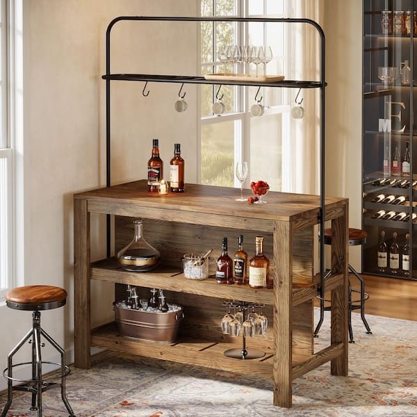 Bar Table Wood Toned with Overhead Rack and Mug Hooks