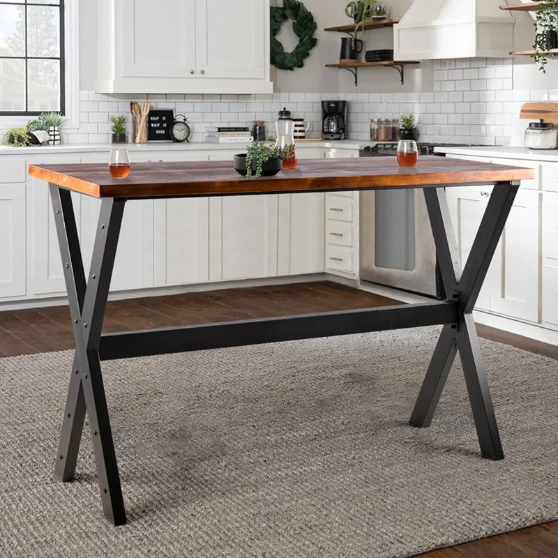 Bar Table X-Frame Legs Rustic Wood Top Black Metal