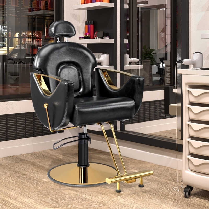 Barber Chair Reclining Heavy Duty Gold Accent Arms Salon Styling Station