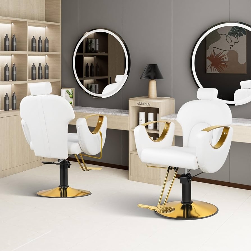 Barber Chair Reclining White Upholstery Circular Base Cutout Armrests