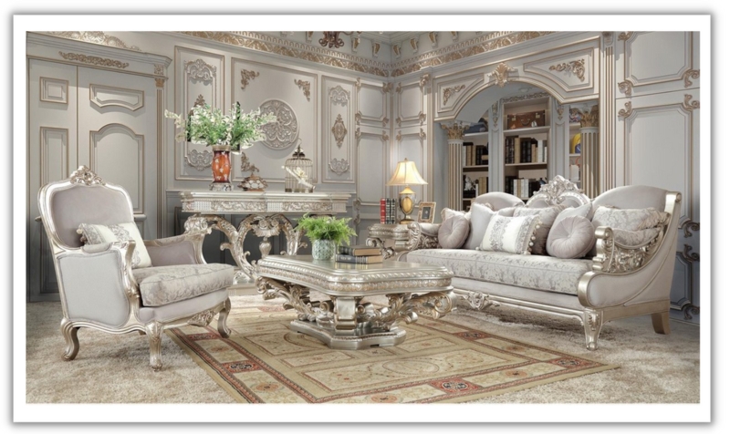 Baroque Living Room Set Hand-Carved Damask Sofa