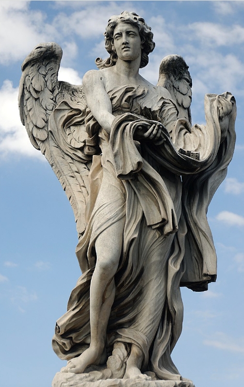 Baroque Sculpture, Weathered Stone-Like, with Feathered Wings