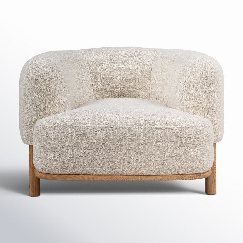 Barrel Chair: Cream Nubby Texture with Wrap-Around Wood Base