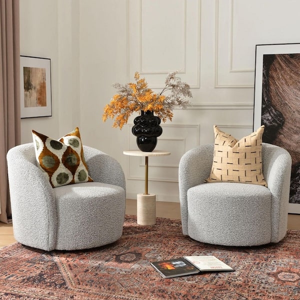 Barrel Chair, Gray Boucle, Swivel Function, Gray Boucle Swivel Chair