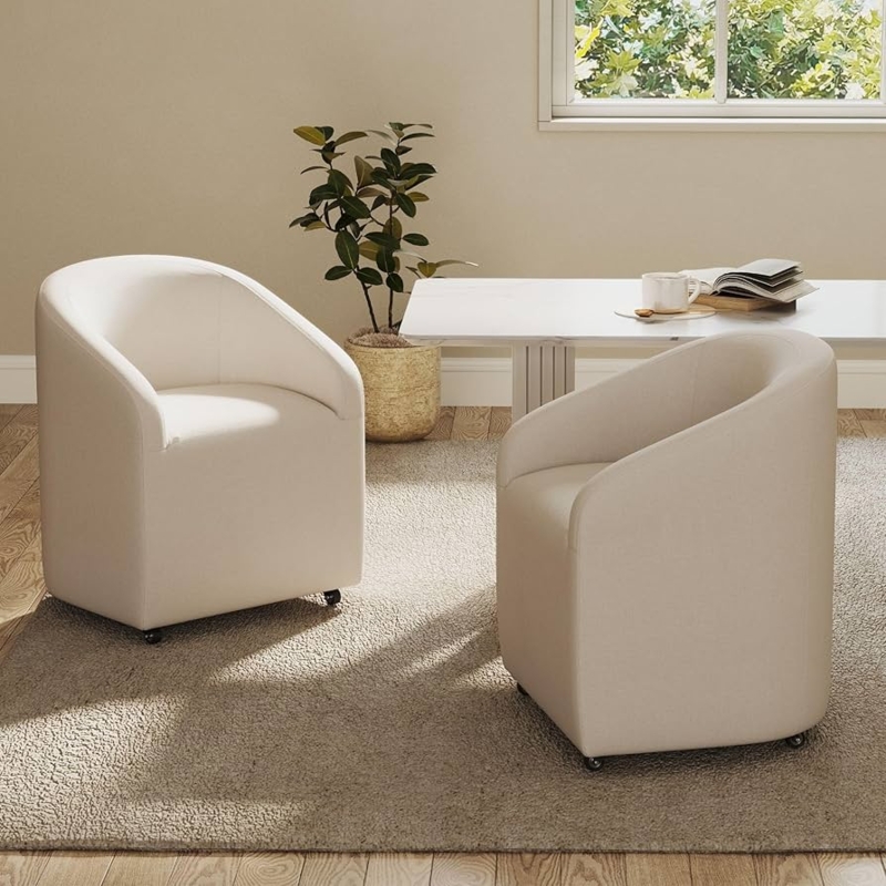 Barrel Chair, Warm Beige Fabric, Swivel Casters, Dining Chair with Casters