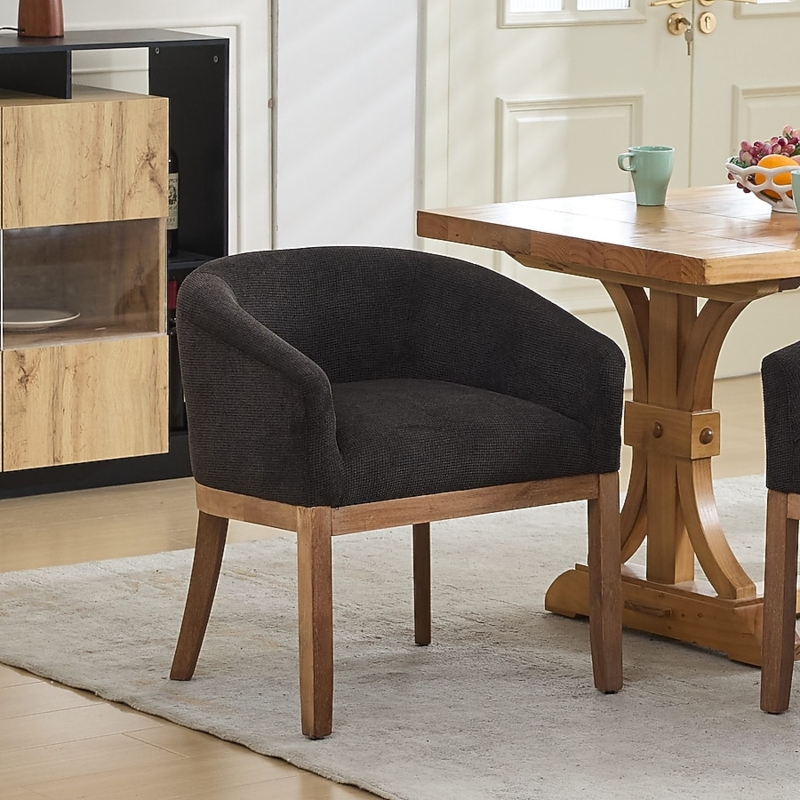 Barrel Dining Chair: Charcoal Black Textured Fabric, Natural Wood Frame