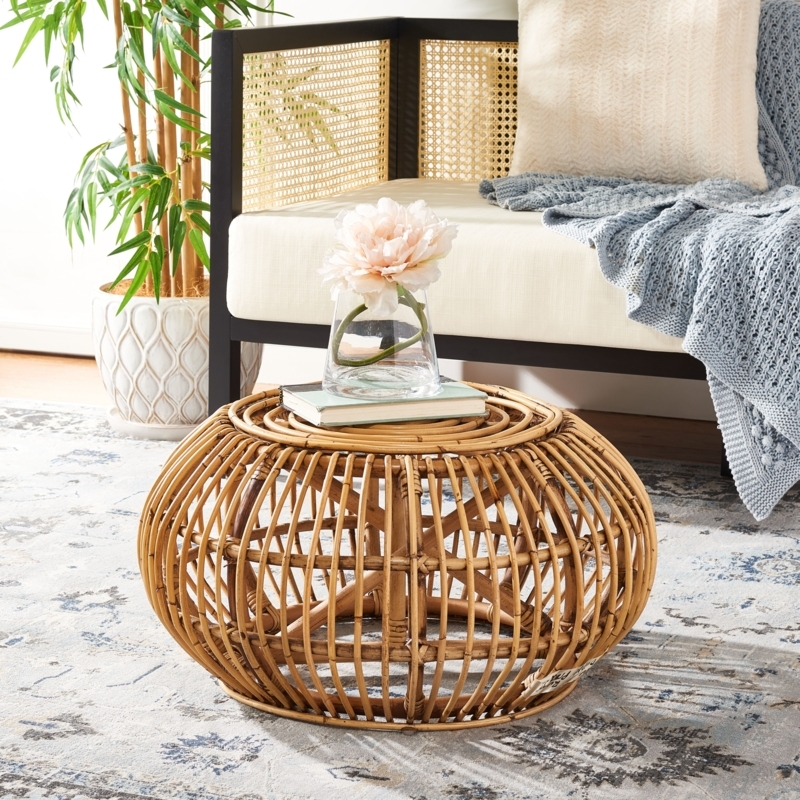 Barrel Shape Rattan Ottoman, Open Weave Honey Brown Wash Finish