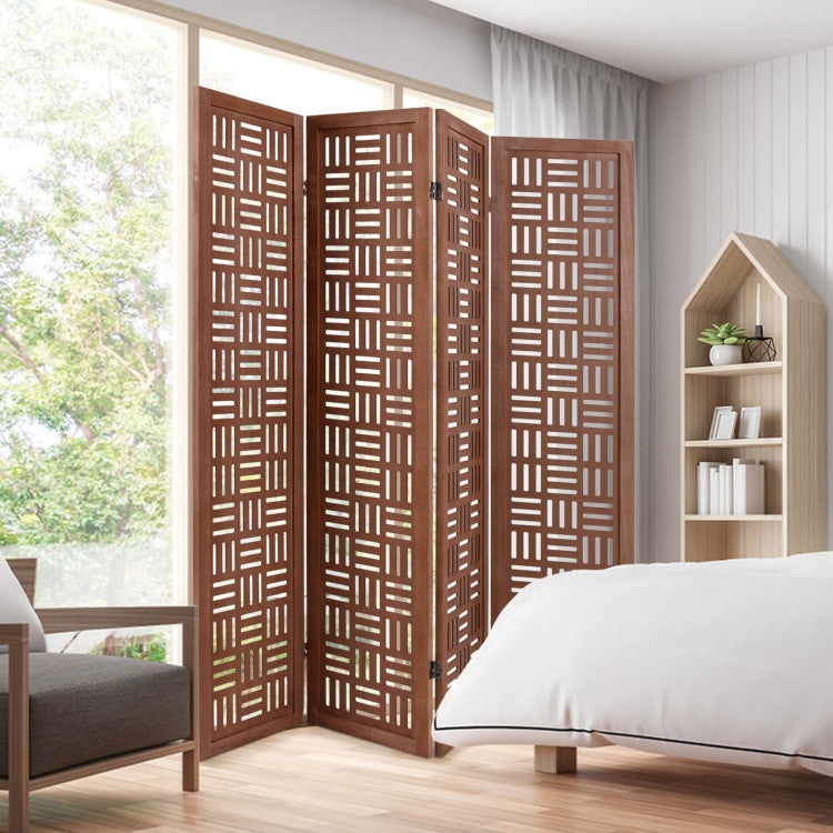 Basketweave Folding Screen Walnut Wood Geometric Grid 4 Panel Design