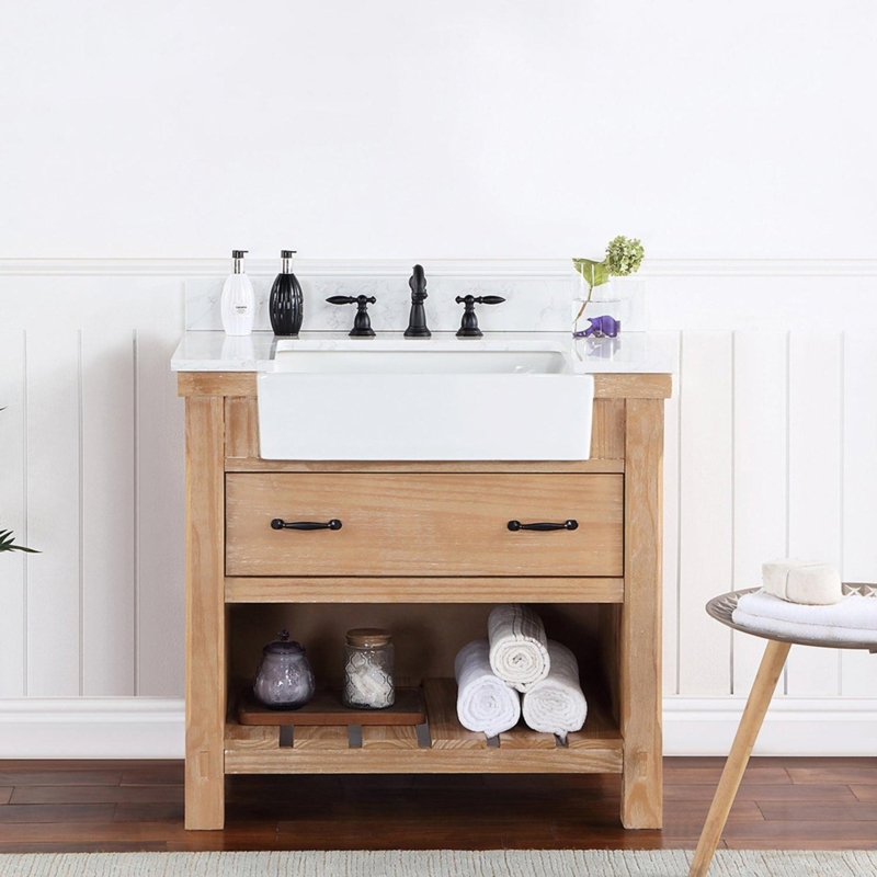 Bath Vanity Weathered Pine with White Farmhouse Apron Front Sink