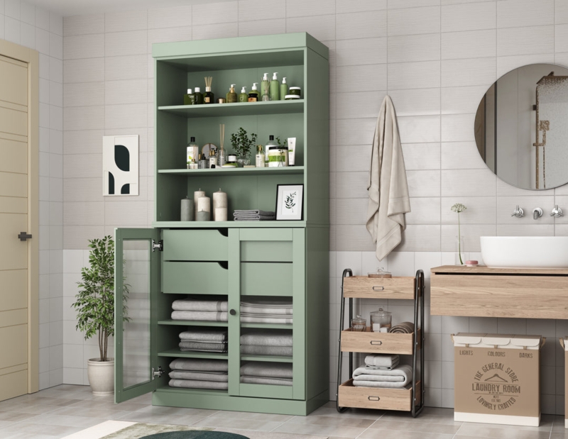 Bathroom Cabinet Sage Green Tall Storage with Glass Panel Doors