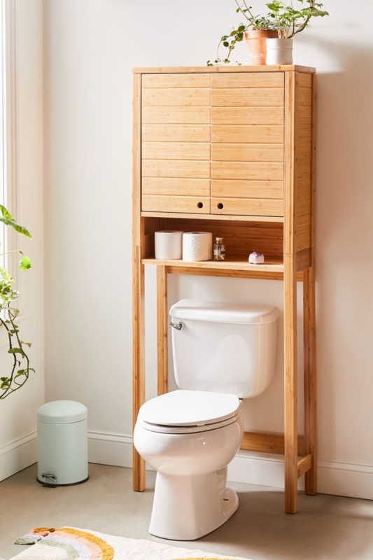 Bathroom Storage Bamboo Cabinet Slatted Doors Finger Pulls Boho Chic Style