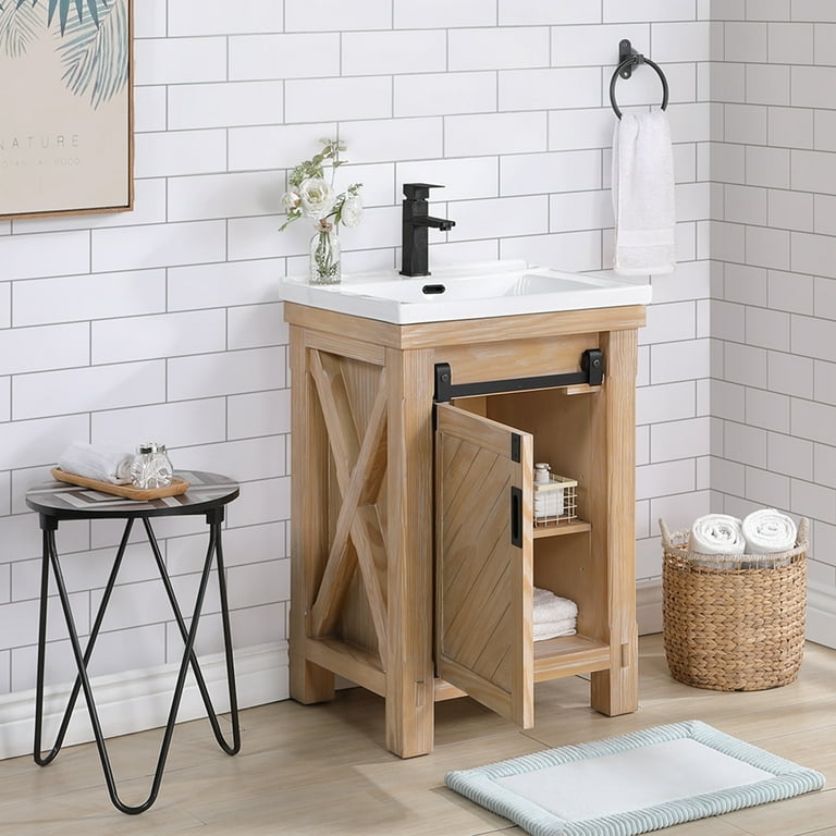 Bathroom Vanity 24 Inch Weathered Pine with Sliding Barn Door & Sink