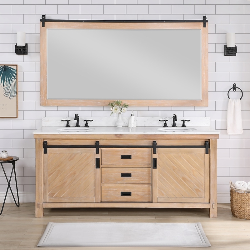 Bathroom Vanity 72 Inch Weathered Pine with Sliding Barn Doors