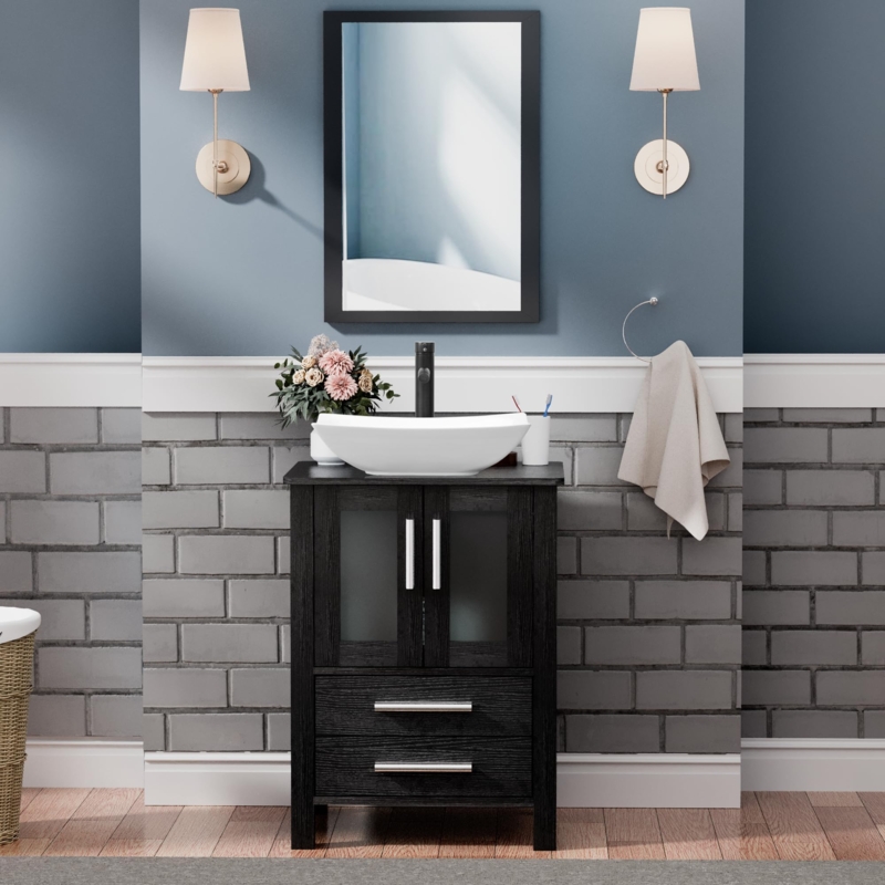 Bathroom Vanity Black Wood Grain Frosted Glass Tall Faucet