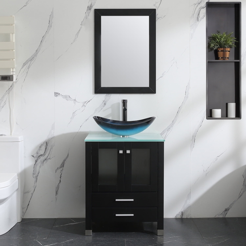 Bathroom Vanity Blue Ombre Sink Frosted Glass Doors Matte Black