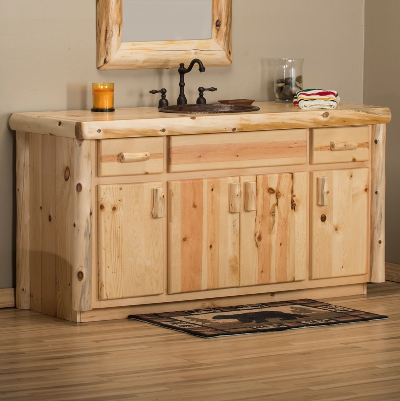 Bathroom Vanity Cedar Log with Live Edge Countertop & Hammered Sink