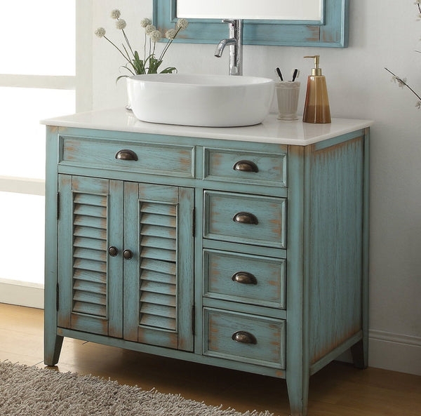 Bathroom Vanity Distressed Blue Finish Louvered Doors Coastal Farmhouse