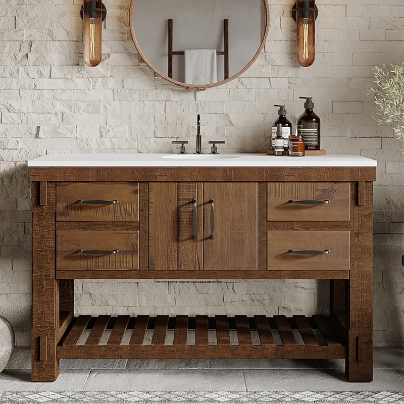 Bathroom Vanity Distressed Pine with White Quartz Top & Slatted Shelf