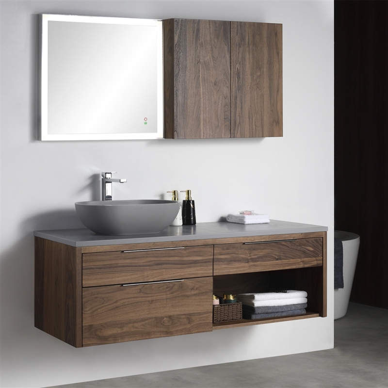 Bathroom Vanity Floating Design Walnut Finish Modern Wall Mounted Vanity