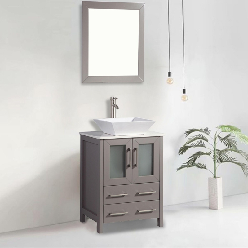 Bathroom Vanity Frosted Glass Doors Gray Shaker Transitional Cabinet