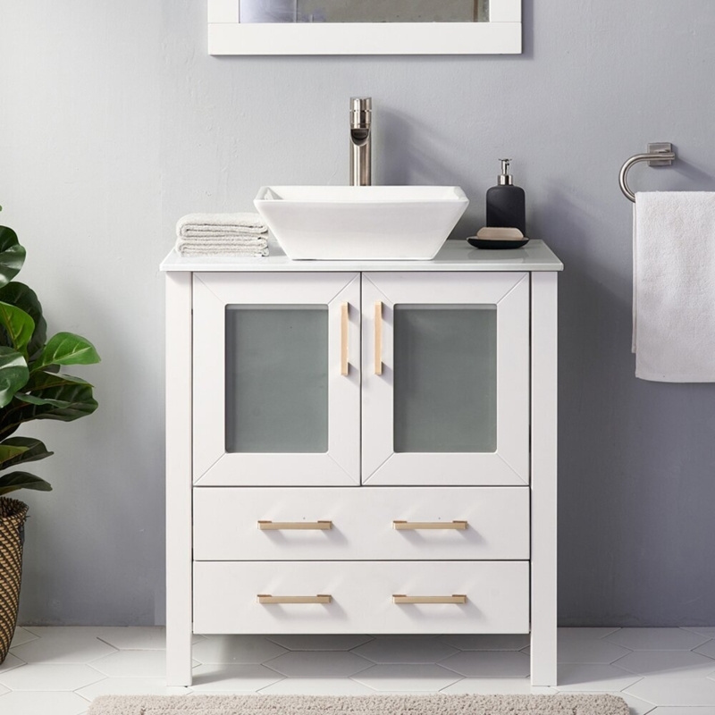 Bathroom Vanity Gold Horizontal Pulls Frosted Glass Doors White