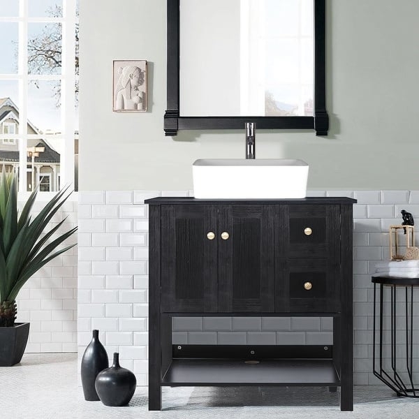 Bathroom Vanity Gold Knobs Matte Black Finish Open Lower Shelf