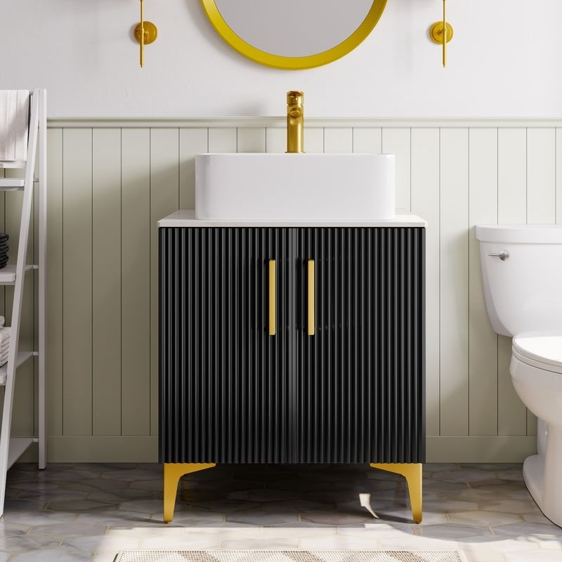 Bathroom Vanity Golden Tapered Legs Ribbed Doors Matte Black