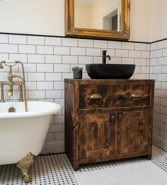 Bathroom Vanity Handmade Pine with Matte Black Vessel Sink & Cup Pulls