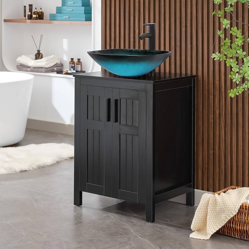 Bathroom Vanity Matte Black Grooved Doors Blue Glass Sink